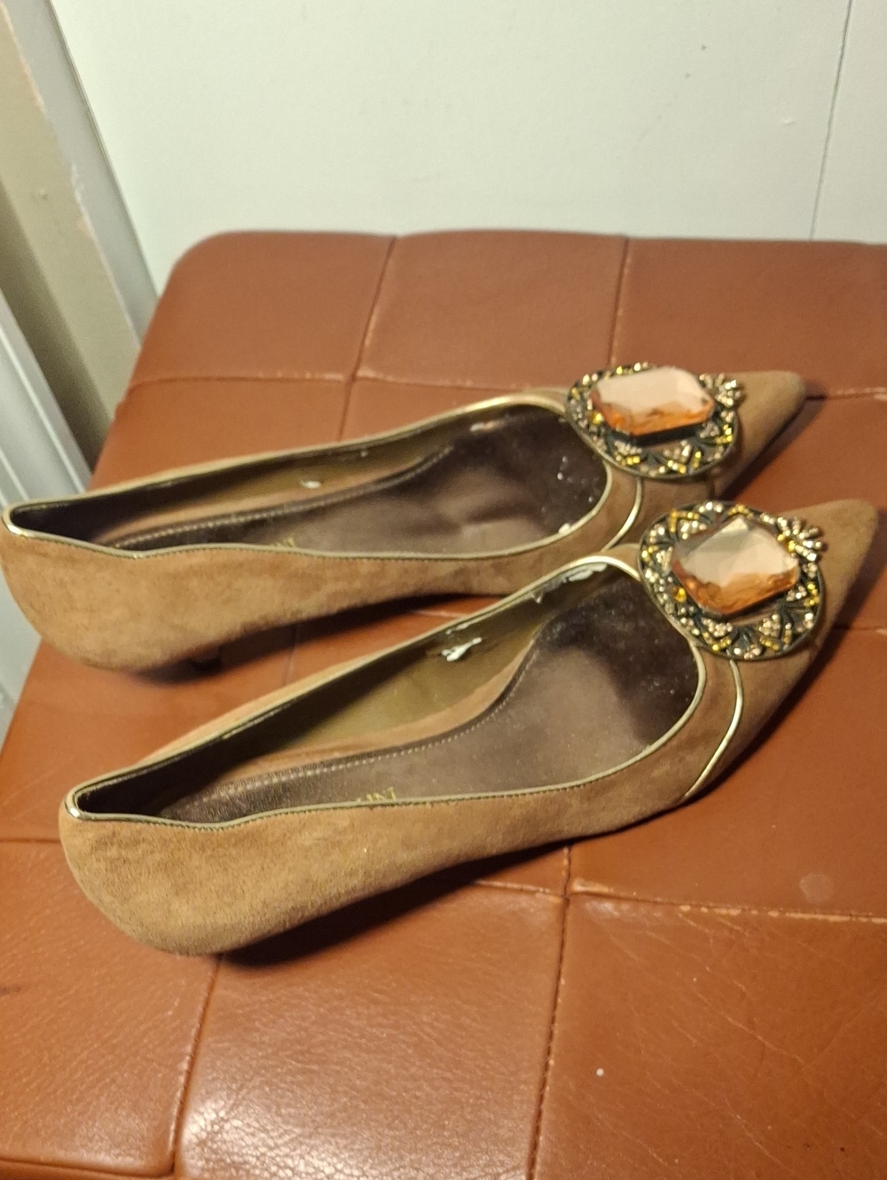 Enzo Angiolini Suede Pointed-Toe Flats with Amber Jewel Accent - Tan